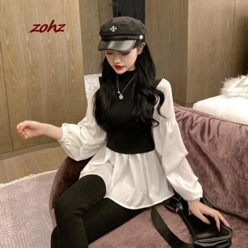 Women Shirt Patchwork Fake 2 Piece Knitted Tops Fall Casual Pleated Lantern Sleeve Turtleneck Slim Ruffle Sweater Ladies Jumper