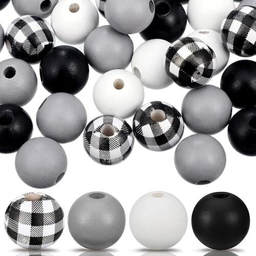 160Pcs Craft Wood Round Beads Plaid Wood Beads Summer Christmas Wood Bead Natural Farmhouse Beads (Black White Plaid)