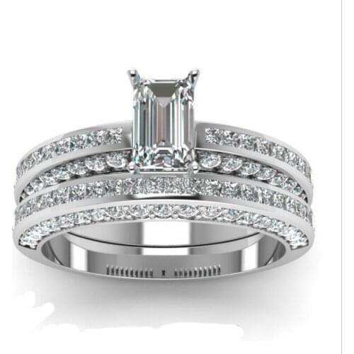 Victoria Brand New Luxury Jewelry 925 Sterling Silver Fill Princess Cut AAA Cubic Zirconia Square CZ Pave Women Bridal Ring Set