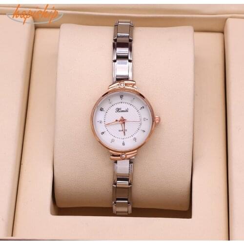 Hapiship Fashion Sweet Womens Stainless Steel 9mm Width Rose Watch Shiny CZ Bracelet Bangle For Friend Wife Birthday Gift G103