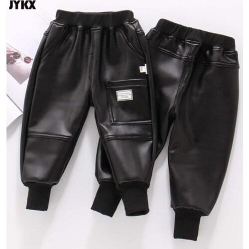 Boys WinterPU leather Cotton Casual Pants Solid Color Winter Girls Black Korean Thick Mid-waist Leggings Casual Pants