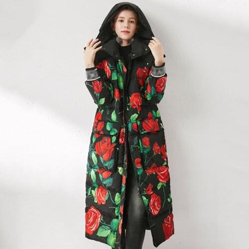 European 2020 winter new white goose down jacket womens loose Plus size contrast rose print Outerwear Parka thicken down coat