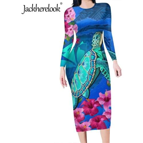 Jackherelook Womens Long Sleeve Slim Pencil Dresses Kanaka Maoli Turtle Hibiscus Plumeria Designer Bodycon Stretchy Party Dress