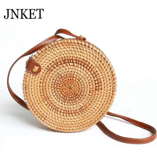 JNKET Fashion Women Summer Rattan Bags Round Straw Bag Shoulder Bags Handmade Woven Beach Crossbody Bags Circle Bag Handbag