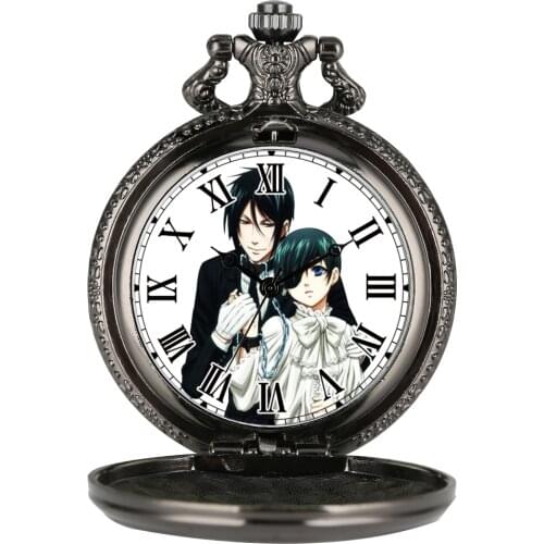 Dark Deacon Male Pocket Watch Japanese Manga Flip Exquisite Pattern Case Roman Numerals Quartz Dial Alloy Chain Pendant Souvenir