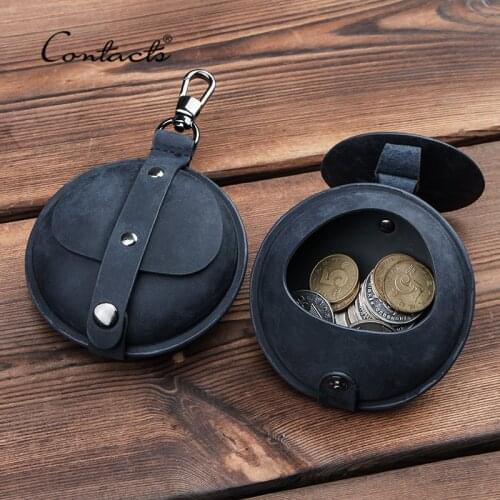 CONTACTS Crazy Horse Leather Coin Purse Small Wallet Men Women Vintage Mini Bag Multi-functional Money Earphone Storage Bag