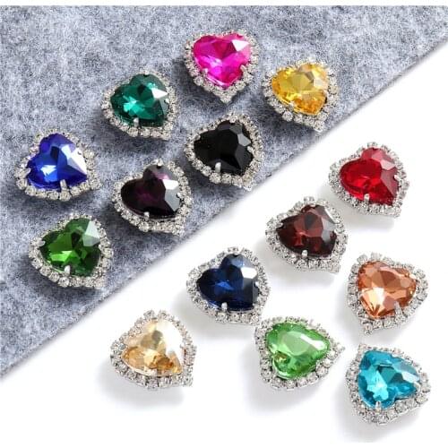 12mm 14mm Sewn Crystals Heart Glass Sew on Rhinestones With Silver Base Flatback Apparel Sewing Stones For Diy Clothing