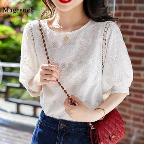 Summer Women Blouse New 2021 Korean Embroidery Lace Lantern Sleeve Top Plus Size Fashion Loose Cotton O-neck Casual Shirts 13440