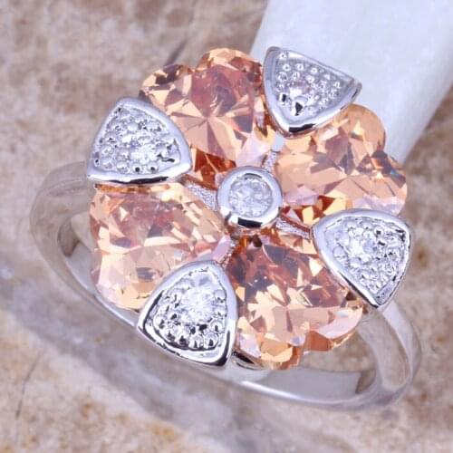 Trendy Champagne Morganite White CZ Silver Plated Womens Ring Size 6 / 7 / 8 / 9 R0980