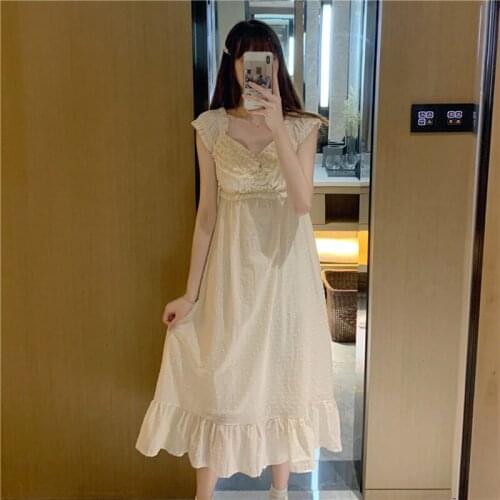 Wave Point Nightgown Women V-Neck Loose Korean Sleeveless Sleepwear Pleated Homewear Sweet Kawaii Home Clothes High Waist 2021