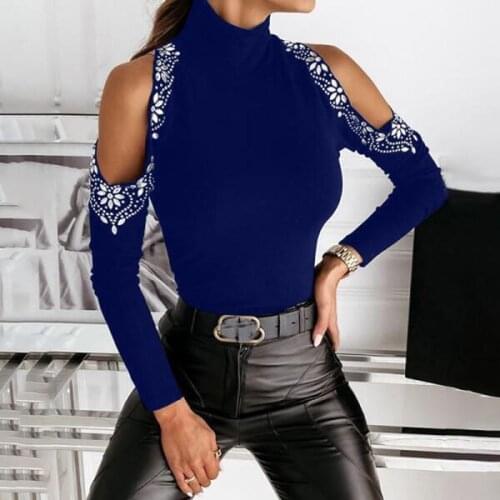 New Spring Off Shoulder Women T-shirt Autumn Turtleneck Long Sleeve Slim Sexy T-shirts Casual Hot Drilling Shiny Tee Female Tops