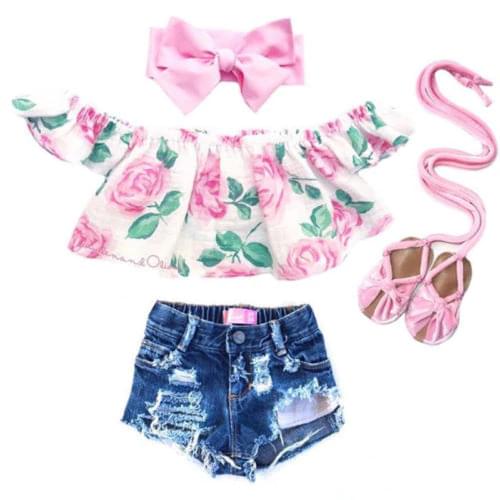 2PCS Toddler Kids Baby Girls clothes Flower short sleeve Clothes Outfit T-shirt Tops+ hole Denim Shorts Set clothes