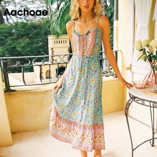 Aachoae Summer Beach Style Spaghetti Strap Dresses Women A Line Floral Print Sleeveless Dress Bow Tie Backless Holiday Sundress