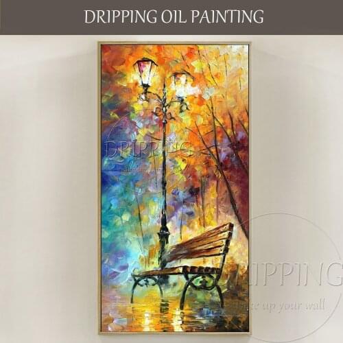 Hand-painted Colorful Wall Art Picture Park Bench Oil Painting for Living Room Abstract Palette Knife Park Bench Oil Painting
