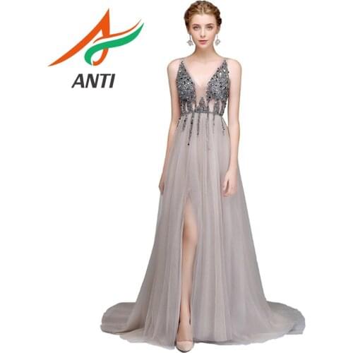 ANTI Sexy Evening Dress 2019 V-Neck Beads Open Back A Line Long Evening Dresses Party Vestido De Festa High Split Tulle Gowns