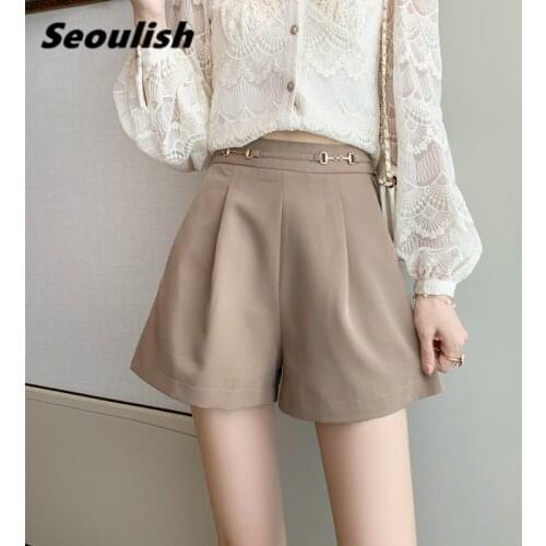 Seoulish 2021 New Womens Shorts Sashes High Waist Wide Leg Shorts Elegant Female Solid Loose Trousers Pockets Spring Summer