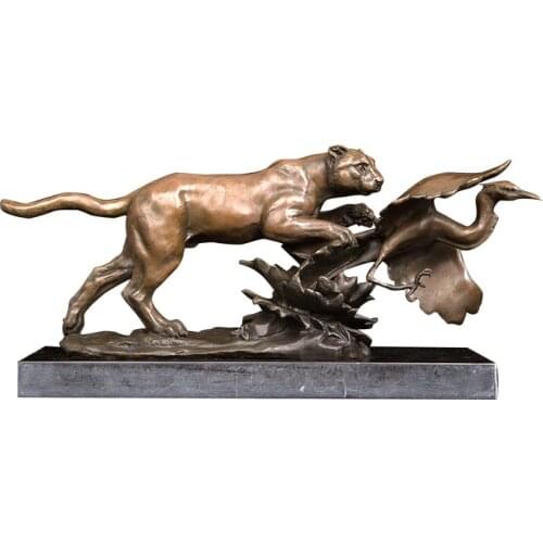 Ivorique DW080 Bronze Casting Leopard Hunting Bird Prey Statue Animal Sculpture Wildlife Panther Figurines for Office Decoration
