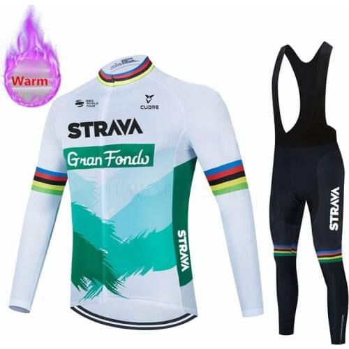Strava Winter Thermal Fleece Long Sleeve Cycling Jersey Set Bib Pants Ropa Ciclismo Bicycle Clothing MTB Bike Men Clothes Suit