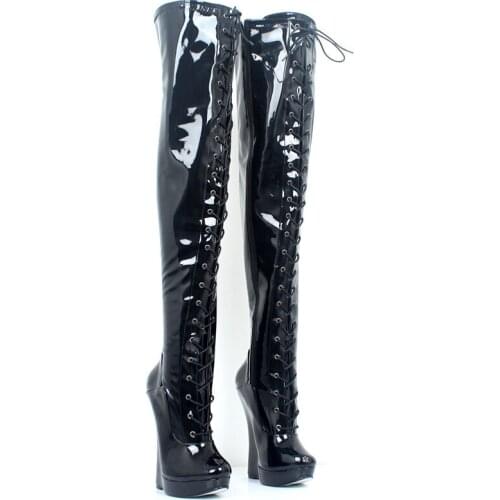 Extreme High Heel 18CM/7" Wedge Heels Crotch Boots Women Black Lace-Up Platform Shoes Woman Sexy Zip Thigh High Ballet Boots