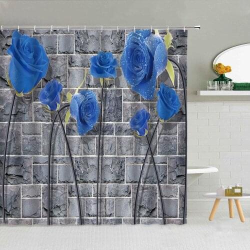 3D Blue Rose Shower Curtain Stone Wall Background Printing Washable Bathroom Decoration Home Screen Curtains Bath Hanging Cloth