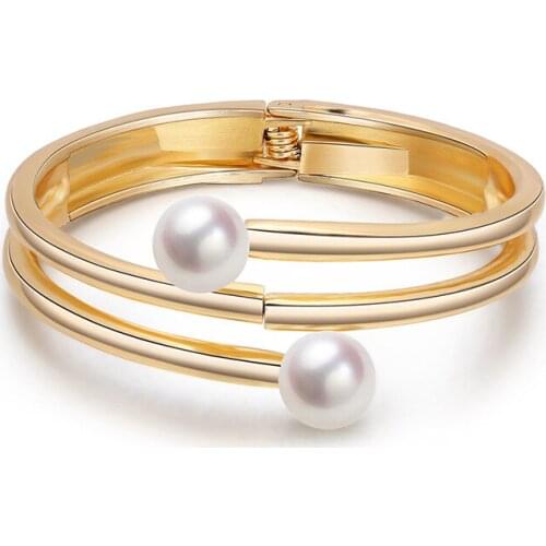 Womens Pearl Bangle Fashion Jewelry Simple Multilayer Line Geometric Gold Bracelet for Gifts