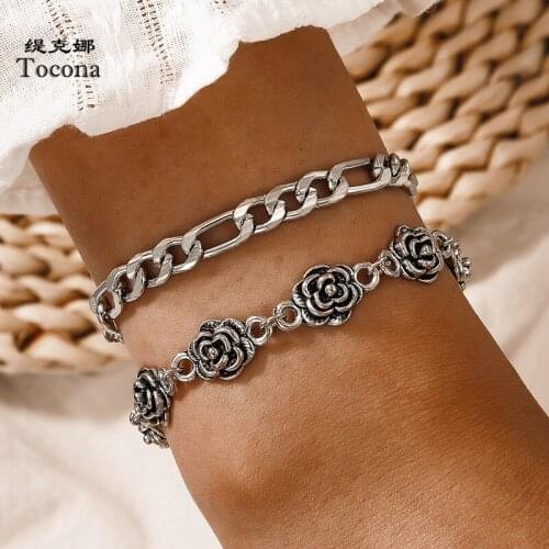 Tocona 2pcs/set Vintage Silver Color Flowers Bracelet for Women Charms Hollow Out Geometry Alloy Metal Adjustable Jewelry 18228