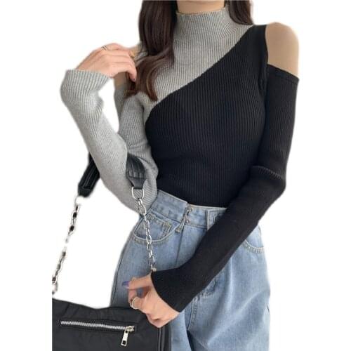 INS New Women Long Sleeve Black Patchwork Knitted Ribbed Pull Sexy Sweater Cold Shoulder Off Top Femme Pullover Clothes Jersey