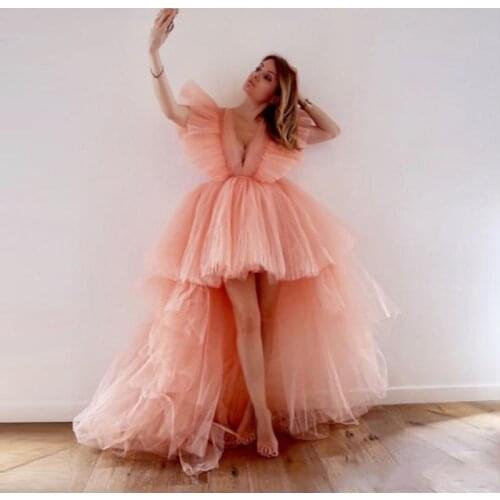 2020 Fairy Blush Pink High Low Prom Dresses Deep V Neck Tiered Tutu Skirts Short Sleeves Cocktail Party Dress Yong Girls Cheap