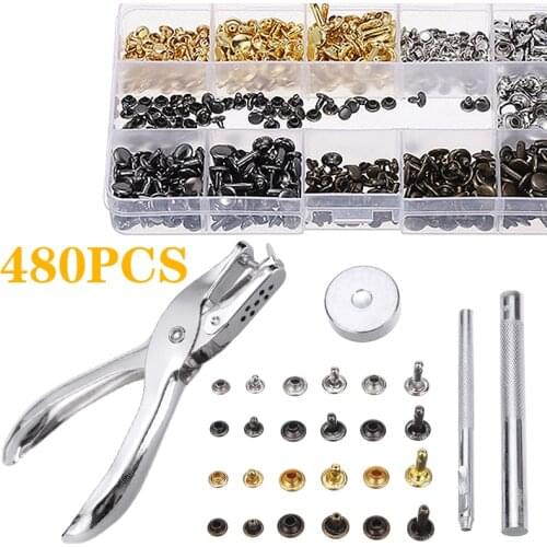 480pcs/set Leather Rivets Double Cap Rivets Metal Fixing Tool With Punch Pliers Kit for DIY Leather Craft Rivets Rep Set