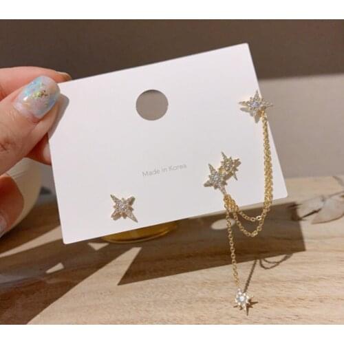 Long Chain Asymmtry Crystal Star Clip Earrings for Women Gold Color Ear Pendientes Girls Ear Jewelry Gift