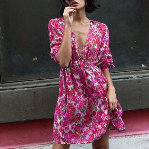 Women Silk Blend V Neck Rose Flowers Floral Printed With Waist Ties & Long Sleeve