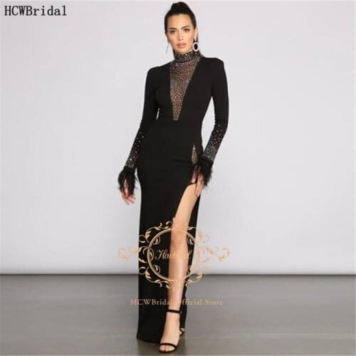 Elegant Black Long Sleeve Arabic Evening Dress With Slit Shiny Crystals Sheer Mermaid Formal Party Gowns Sexy Women Dresses