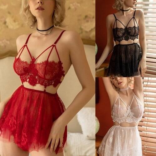 Hot kf-Lace Nightgown Dress Women Sleepwear Babydoll Sexy Lingerie Night Dress Home Clothes