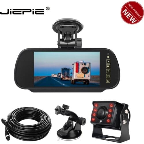JIEPIE Car Wired Rear view System 7'' Rearview mirror monitor with IR night vision 4Pin rear view parking camera for Trucks RVs