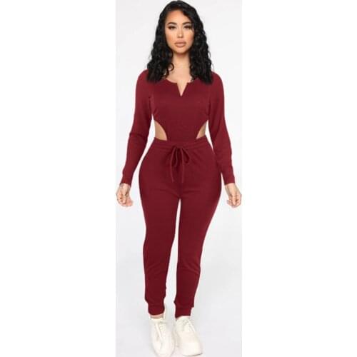 Elastic Hight Ribbed 2 Piece Pant Suit for Women V-neck Long Sleeve Bandage Bodysuit and Drawstring Jogger Sweatpant Tracksuit