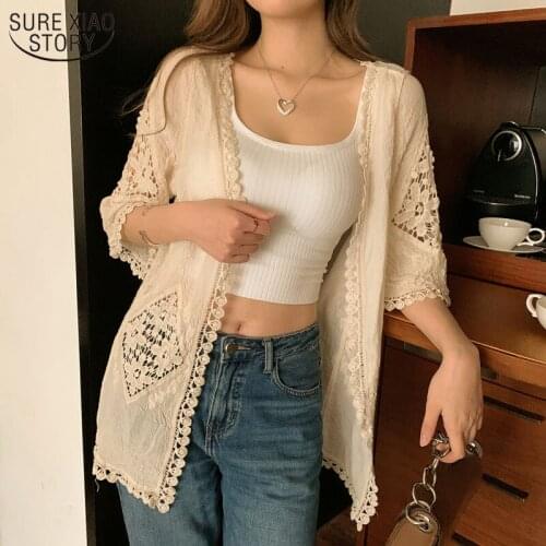 Lace Shirt Long Knitted Cardigan Short Sleeve Air Conditioning Shirt Sunscreen Shirt Traditonal Vacation Coat Women Shirt 13672