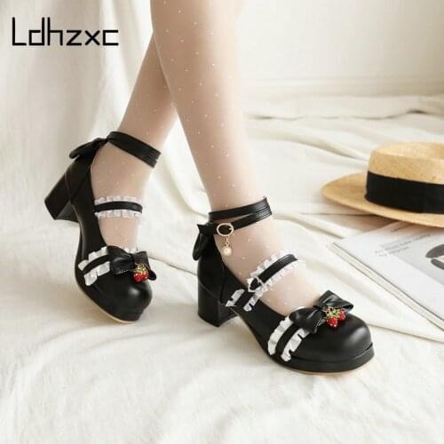 LDHZXC Sweet Bow Girl College Student Lolita Shoes Fashion Pu Leather Mary Janes Women Vintage Round Toe Med Heel Pumps