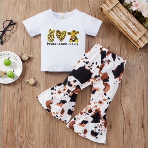 Summer Fashion Toddler Kids Girls Clothes Sets 2pcs Letter Printed Short Sleeve T Shirts Top Flare Pants Outfit