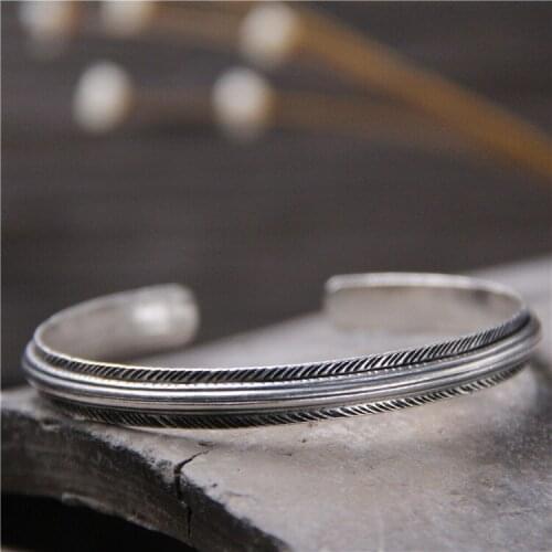 Chiang Mai Handmade Silver S925 Sterling Silver Takahashi Goro Feather Open Ended Retro Thai Silver Fashion Men And Women Bangle