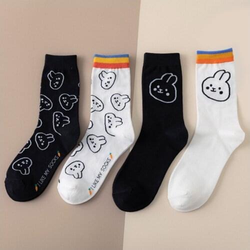 Funny Bunny Cotton Socks for Women Happy Cute Cartoon Pattern White Black Casual Crew Sock New Season Harajuku Style