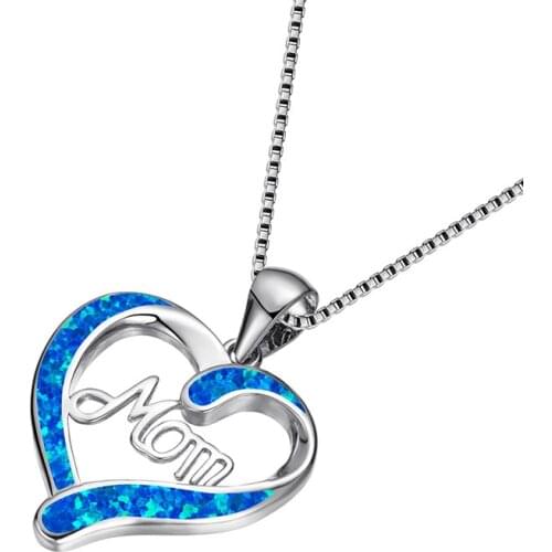 White Blue Opal Love Heart Necklace Fashion Letter Mom Pendant Necklaces For Women Vintage Rose Gold Silver Color Chain Necklace