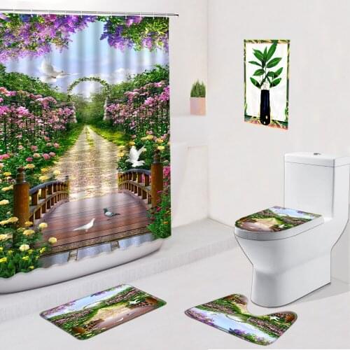 Garden Flower Shower Curtain Nature Scenery Arch Bridge Bathroom Decor Non-Slip Flannel Carpet Toilet Cover Pad Doormat Bath Mat