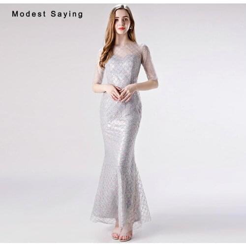 Sexy Grey Mermaid Beaded Sequined Evening Dresses 2019 Ankle-Length Formal Women Half Sleeves Party Prom Gowns robe de soiree