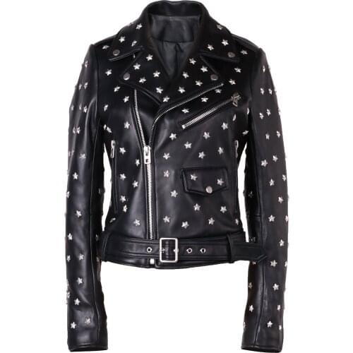 YOLOAgain High Quality Women Star Rivet Genuine Leather Motorcycle Jacket