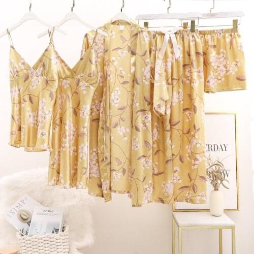 Summer Flower Print Rayon Satin Nightwear 5/4/3/2 Pcs Set Women Pyjama High Quality Sexy Sleepwear With Chest Pad Pajama Pijamas