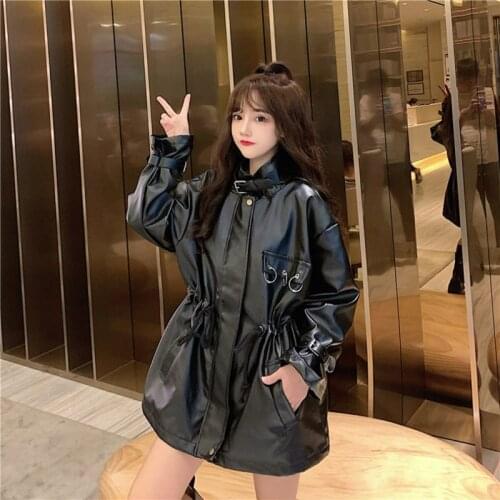 Autumn Winter 2021 Women Stand-up Collar Drawstring Faux PU Leather Jacket Korean Loose Casual Mid-length Female Biker Outerwear