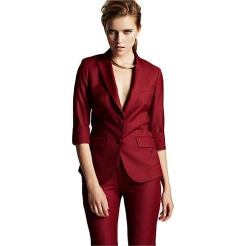 Women suits Formal Business Burgundy Single Breasted Lady Two Buttons Peak Lapel Slim Fit Casual 2 Pieces Casual Dress