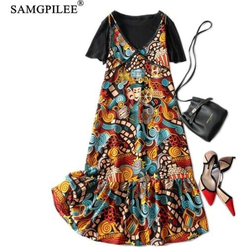 Dresses Suits Summer New Vest Flower Chiffon Dress Stretch T-shirt Two-piece Mid-calf Length Chiffon Two Piece Sets For Women