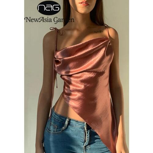 NewAsia Summer Women Sexy y2k Crop Top Solid Color Satin Cowl Neck Irregular Backless Bandage Tank Top Girls Beach Party Outfits