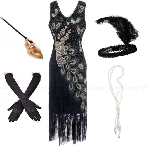 1920s Vintage Peacock Sequined Womens Fashion Gatsby Fringed Flapper Dress Roaring 20s Party Plus Size Dress Accessories Set